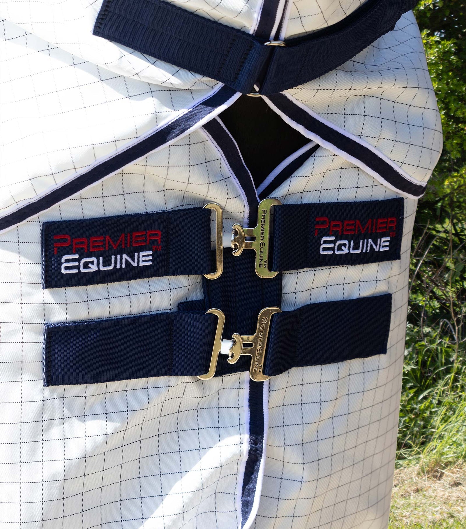 Premier Equine Cotone Stable Sheet with Neck Cover- White-Navy Check