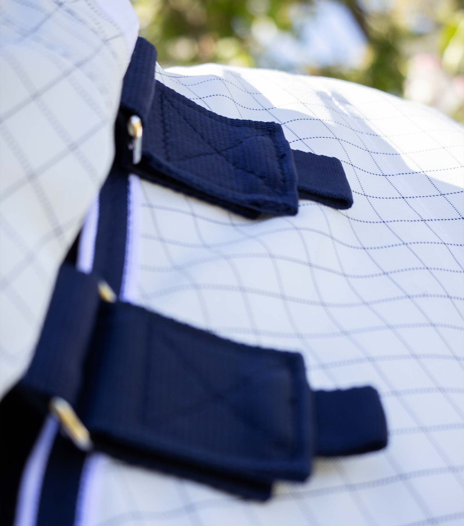 Premier Equine Cotone Stable Sheet with Neck Cover- White-Navy Check
