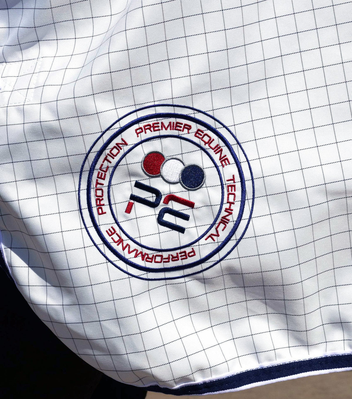 Premier Equine Cotone Stable Sheet with Neck Cover- White-Navy Check