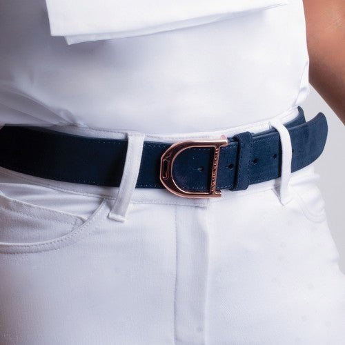 Stirrup Leather Belt 35mm - Navy Suede/Rose Gold - Nags Essentials